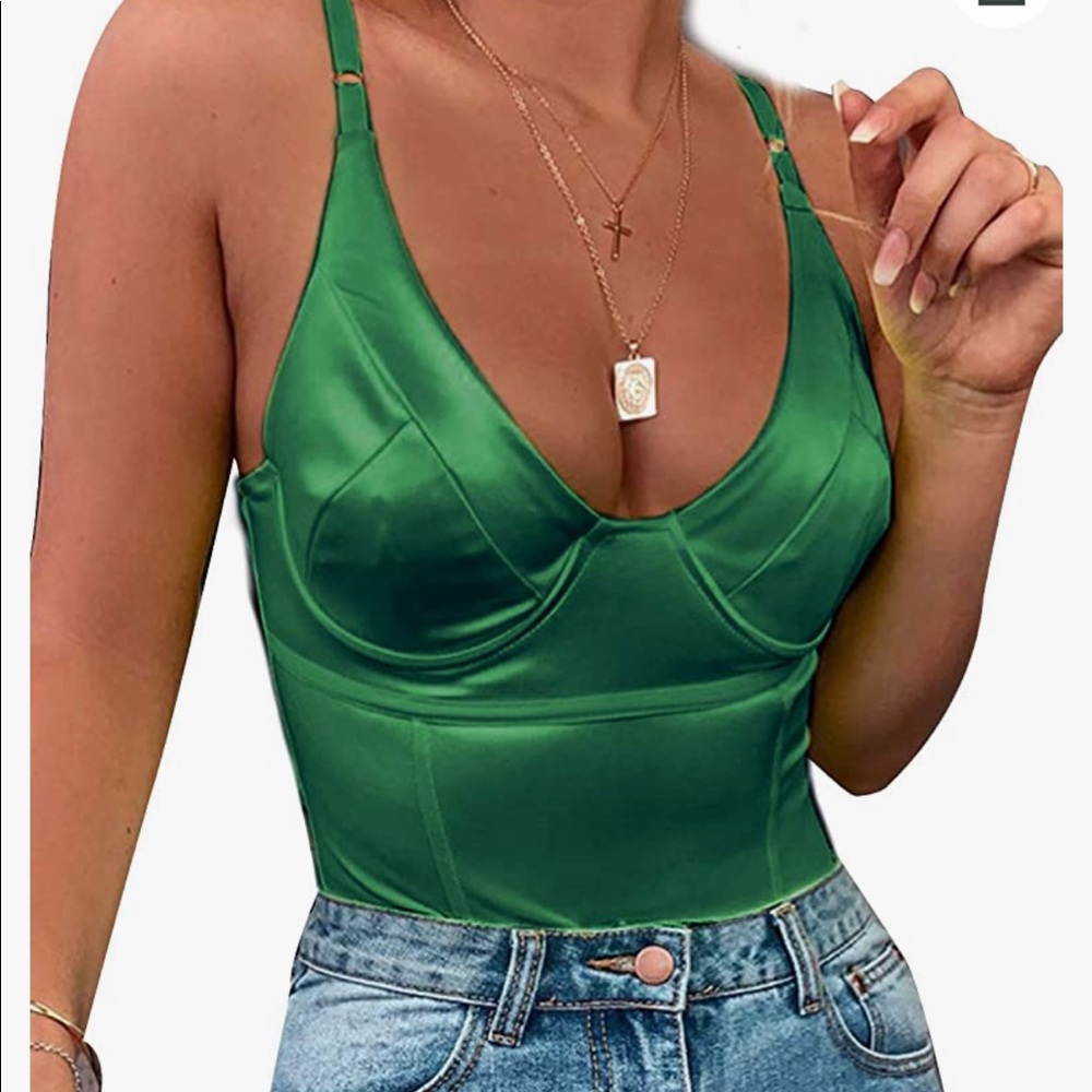 Green Sleeveless Satin Corset Bodysuit